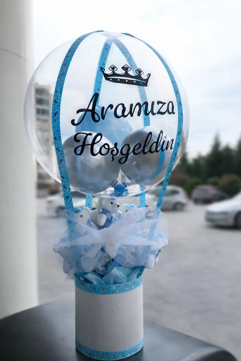 Küçük Prens - Şeffaf Balonlu ve Mavi Peluş Ayıcıklı VIP Erkek Bebek Doğum Kutusu